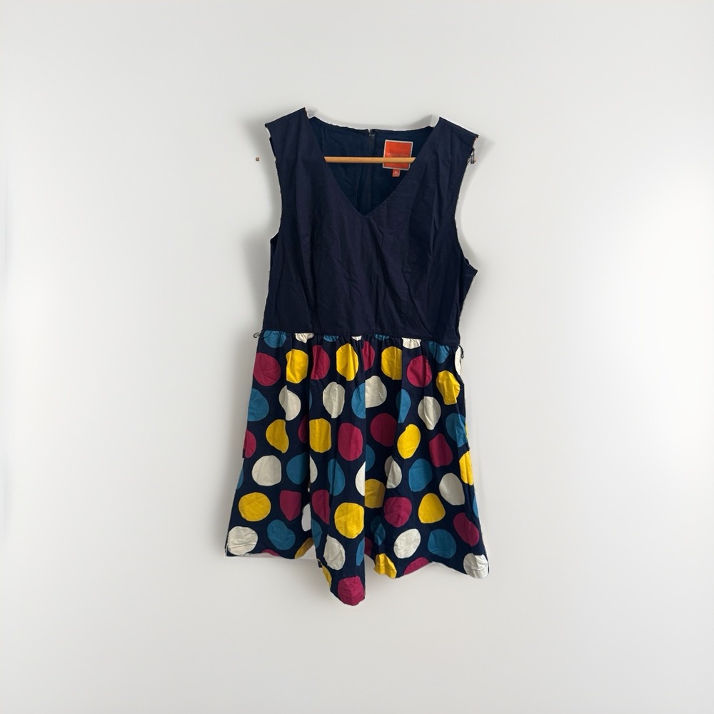 Mod Cloth XL Cotton Blue Polka Dot Vintage Style Belted Sleeveless Dress FLAW